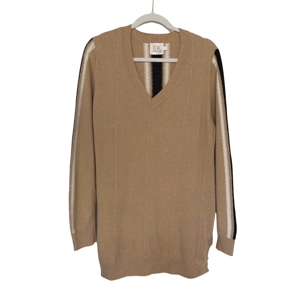 Edinburgh Knitwear Womens Quiet Luxury Sweater 100% Cashmere L Tan Racing Stripe